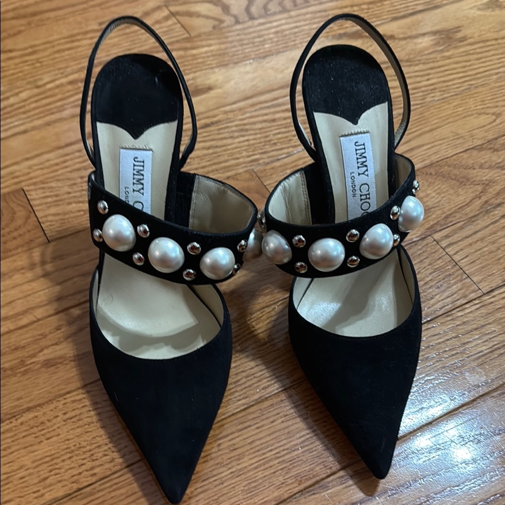 Jimmy Choo Black Heels with Pearl Accents